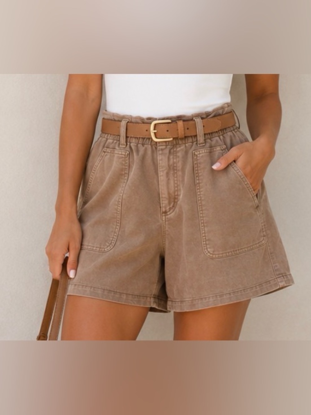 LOFT Tan Washed Canvas High Rise Paper Bag Shorts Size M
